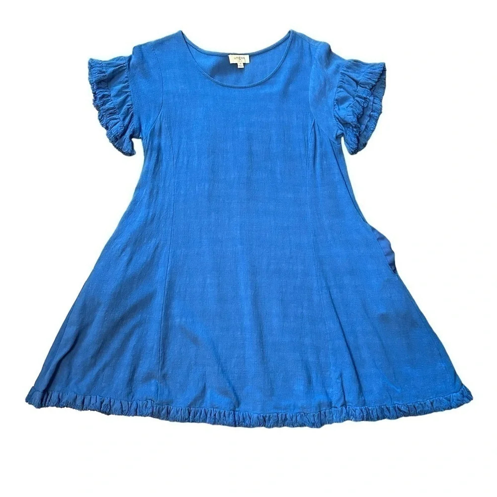 Umgee Royal Aline Womens Small Aline‎ dress Ruffle Frayed Sleeves Fray Hem EUC